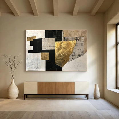 Large Contemporary Wall Art Black, White, and Gold Textured Abstract Geometric Art HPS396