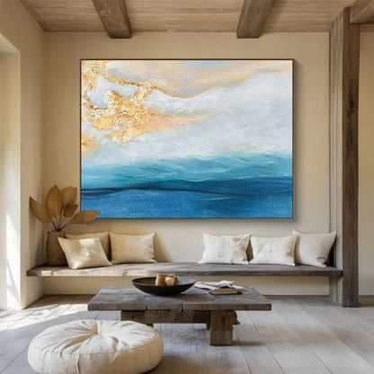 Hand-Painted Blue, White, and Gold Abstract Seaside Sunset Art HPS341