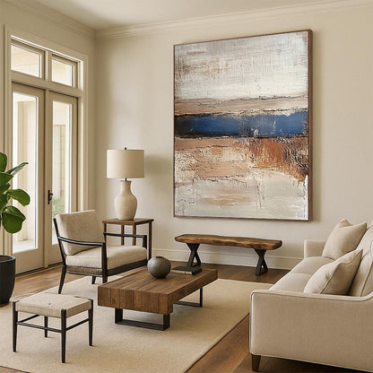 Modern Large Abstract Canvas Painting With Beige, Blue, Brown Textured Layers On Canvas PT193