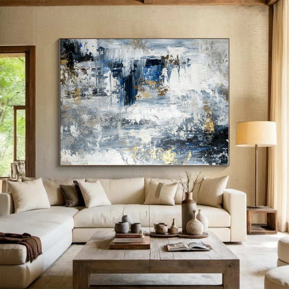 Handmade Art Blue, Gray, and Gold Textured Abstract Art PT770