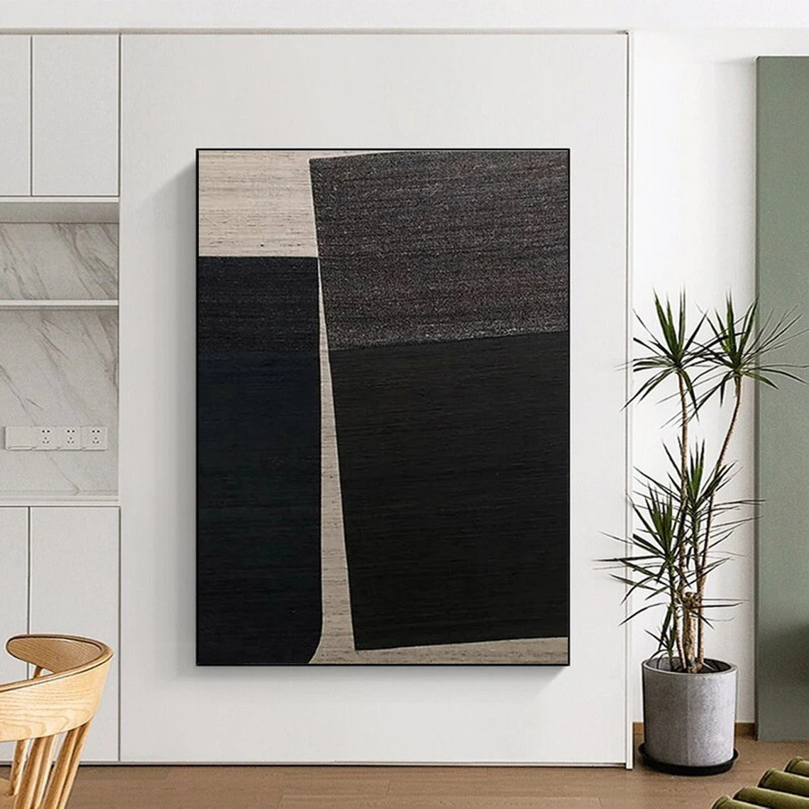 Minimalist Canvas Art Black and Beige Geometric Abstract, Modern Art Acrylic PT549