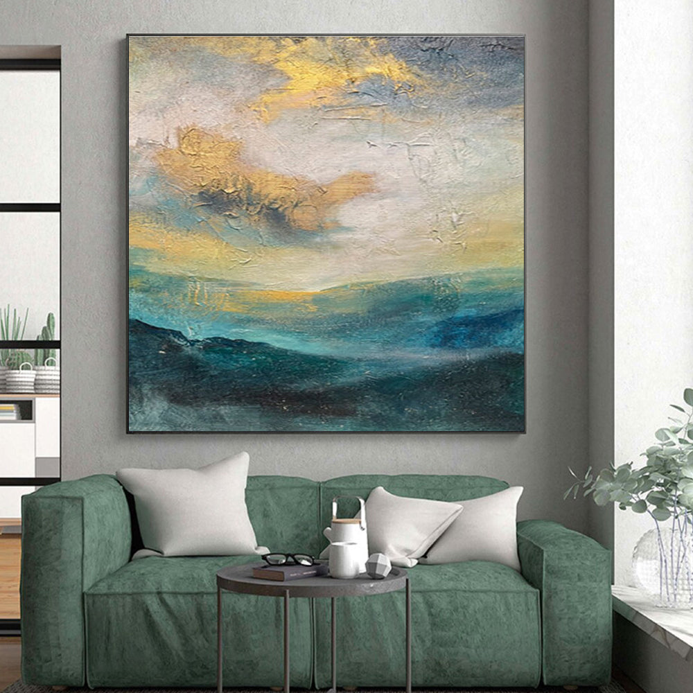 Hand Painting Teal, Gold, and Gray Landscape-Inspired Abstract Art PT651