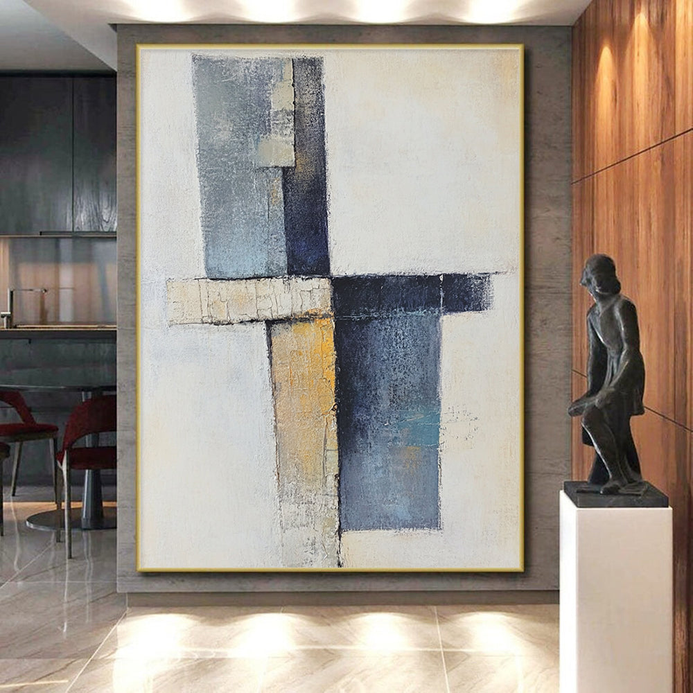 Modern Large Abstract Canvas Painting, Blue Beige Gray Abstract Geometric Art PT157