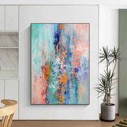 Cool Abstract Paintings in Multicolor (Teal, Orange, Blue, Pink, Purple) Abstract Energetic Splashes Painting On Canvas PT279