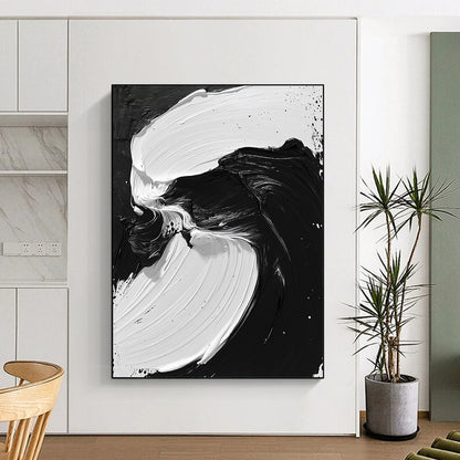 Custom Large Abstract Art For Living Room With Black, White Fluid Brushstrokes On Canvas PT195