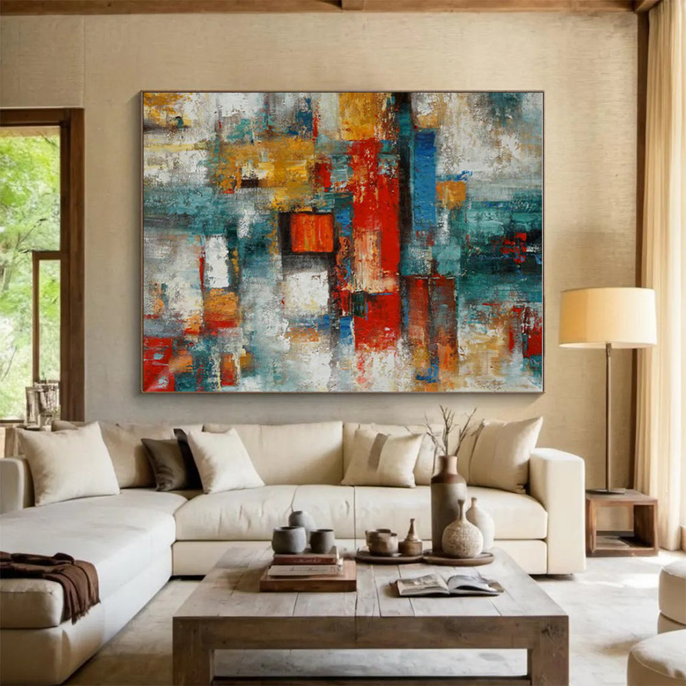 Hand Painting Red, Teal, and Yellow Geometric Abstract Art PT771