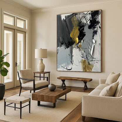 Large Size Gray Black Gold Abstract Expressionist Acrylic Painting PT466