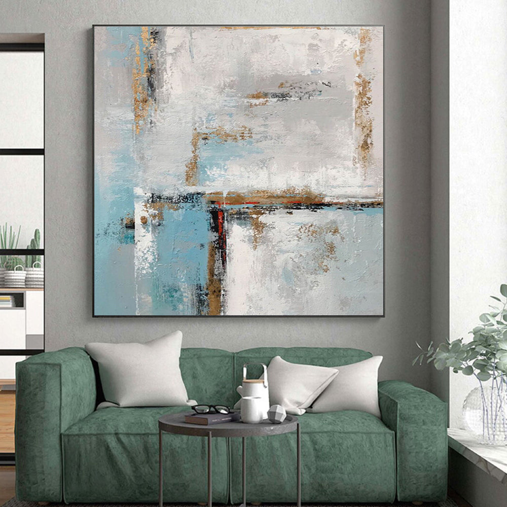 Large Painting In Living Room Blue Gray Gold Textured Abstract Art PT427