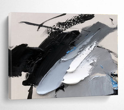 Minimalist Canvas Art Black, White, Gray & Blue Textured Abstract Painting On Canvas HPS087
