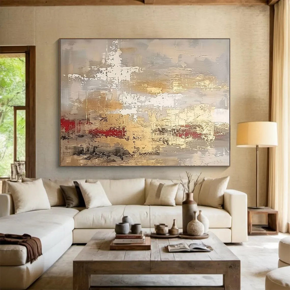 Hand Painting Gold, Gray, and Red Textured Abstract Art PT661