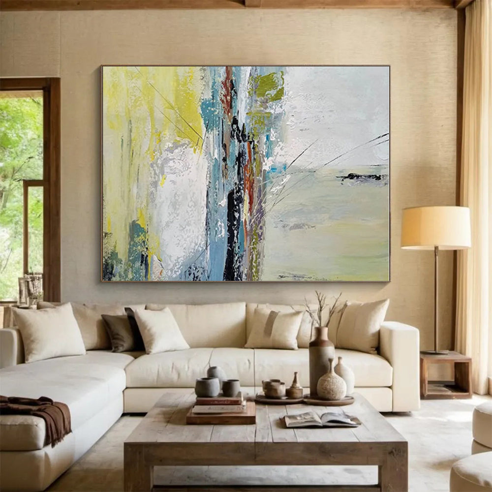 Acrylic Modern Art Paintings with Yellow, Blue, White, and Gray Abstract Landscape PT220