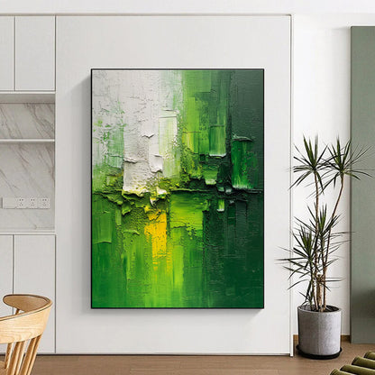 Hand-Painted Green and White Textured Abstract Painting with Yellow Accents, Acrylic Modern Art PT201