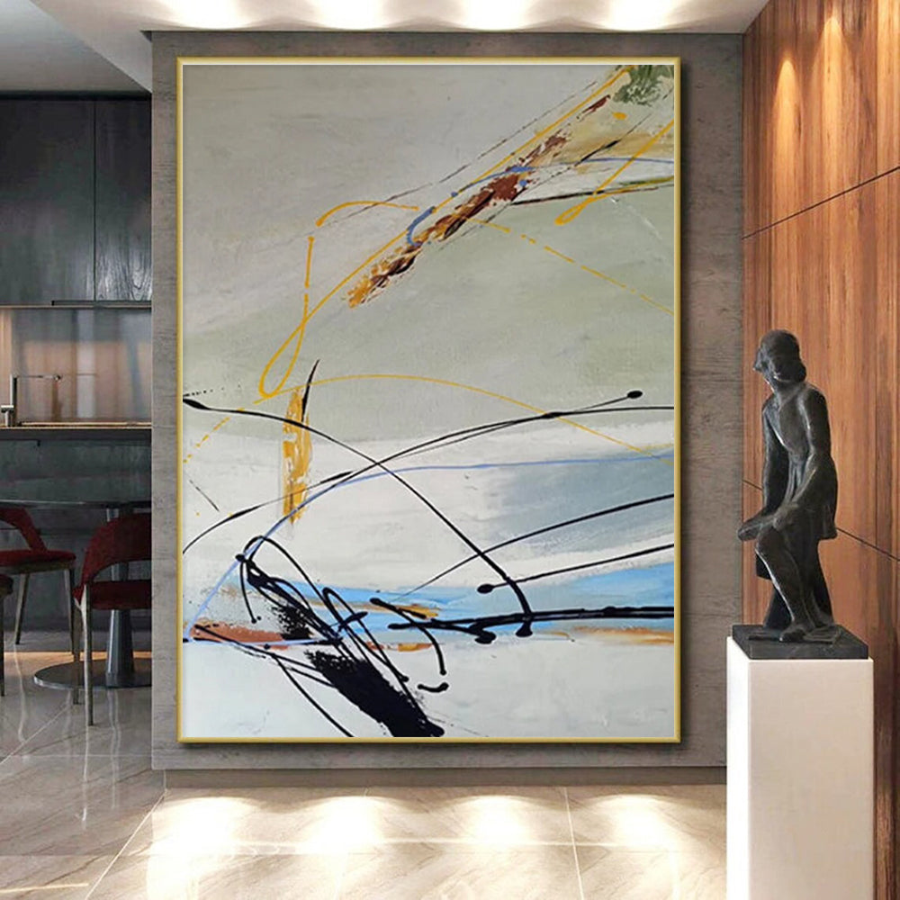 Modern Art Acrylic with Black, Yellow, Blue, and Gray Dynamic Lines, Large Contemporary Wall Art PT210