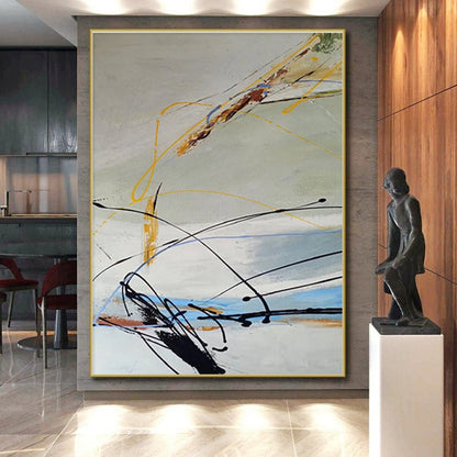 Modern Art Acrylic with Black, Yellow, Blue, and Gray Dynamic Lines, Large Contemporary Wall Art PT210