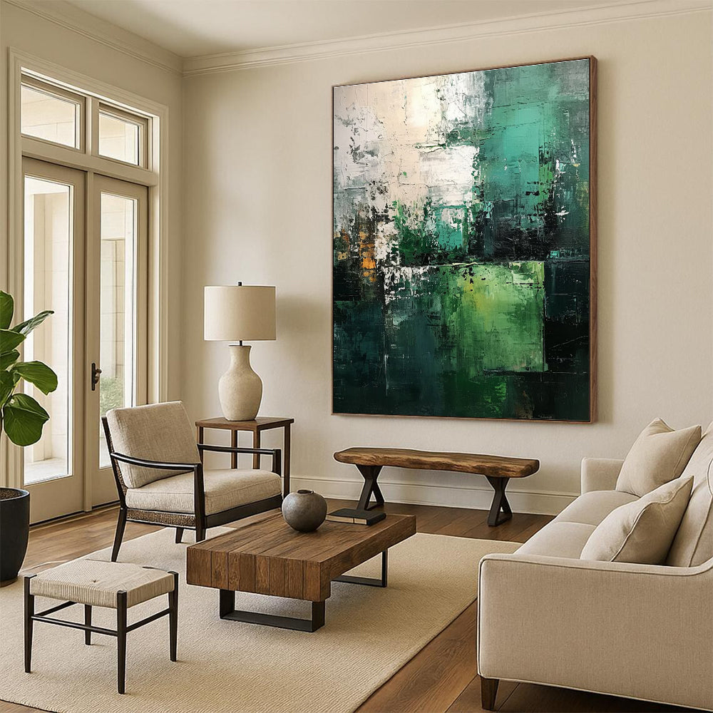 Oversized Abstract Wall Art with Multilayered Green, Teal, and White Textures, Large Contemporary Wall Art PT208