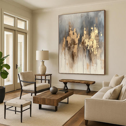 Large Abstract Painting For Living Room, Gold Gray Beige Abstract Textured Art PT170