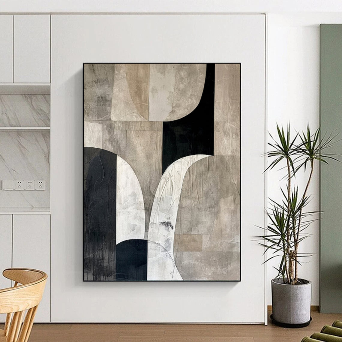 Hand Painting Black, White & Beige Geometric Abstract Painting On Canvas PT062