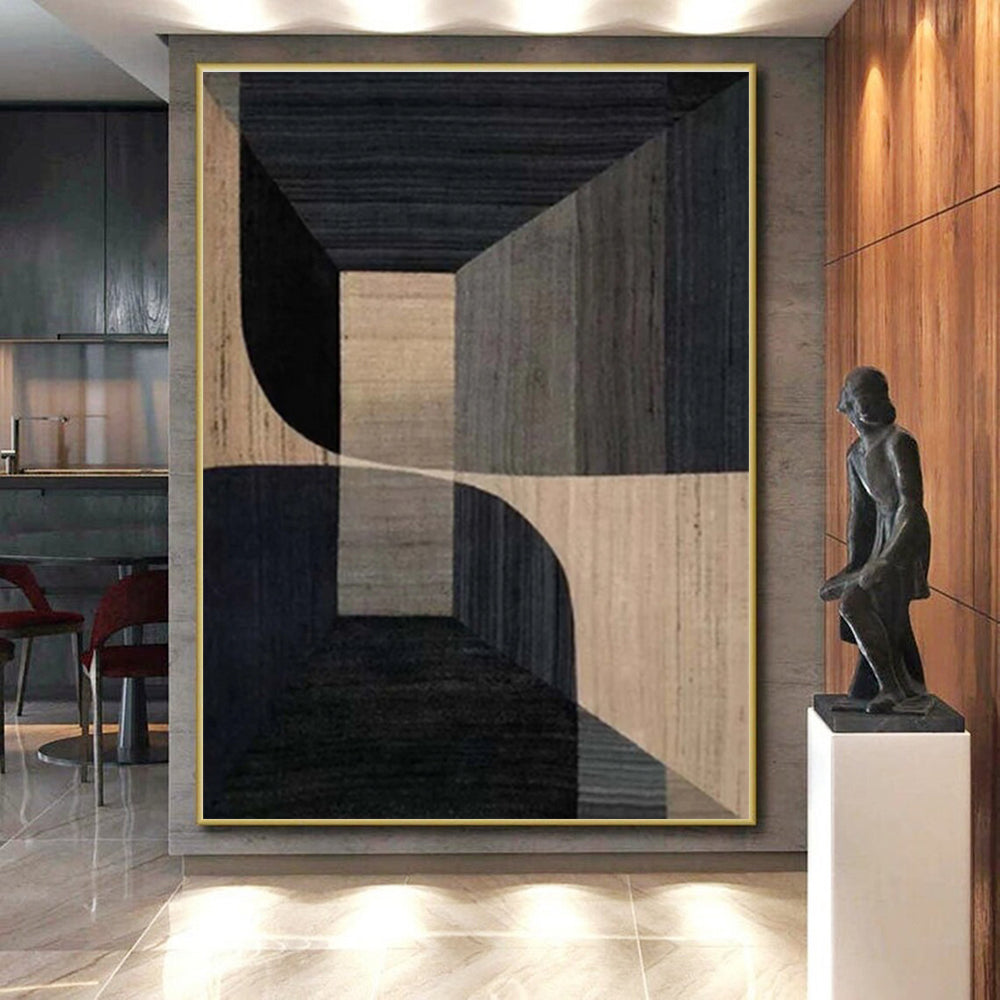 Unique Abstract Art in Black and Beige Geometric 3D Design, Handmade Art Piece PT323