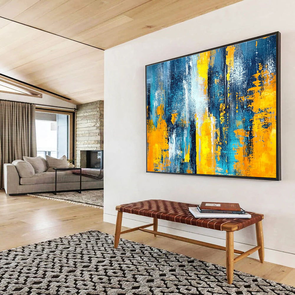 Cool Abstract Paintings Teal, Yellow, Orange & White Dynamic Abstract Painting HPS266