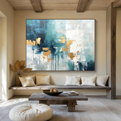 Acrylic Modern Art Paintings Teal, Gold & White Abstract Drip Art HPS204