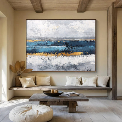 Acrylic Modern Art Paintings Blue, Gray, Gold & White Textured Landscape Abstract Painting HPS265