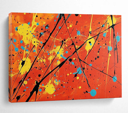 Acrylic Modern Art Paintings Orange, Yellow, Blue & Black Splatter Abstract Painting HPS255