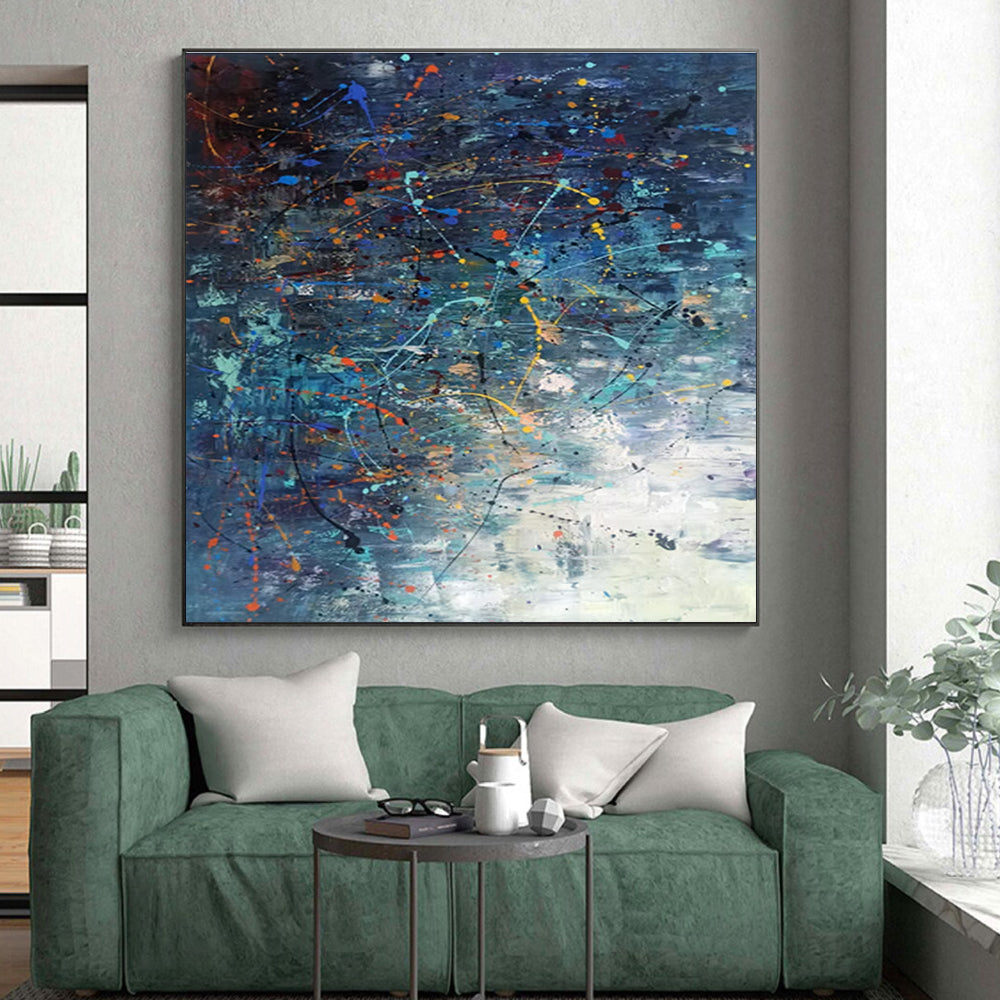 Acrylic Modern Art Paintings in Navy, Teal, Orange, Yellow, and Pink Abstract Splatters and Lines PT243