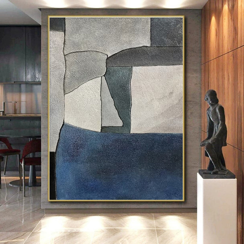 Large Size Gray Blue Geometric Abstract Acrylic Painting PT434