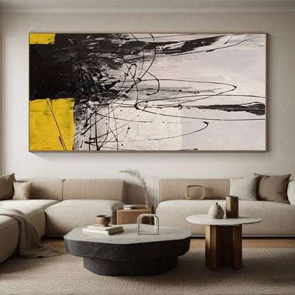 Hand-Painted Black, White, Yellow Abstract Lines and Textures Art PT221