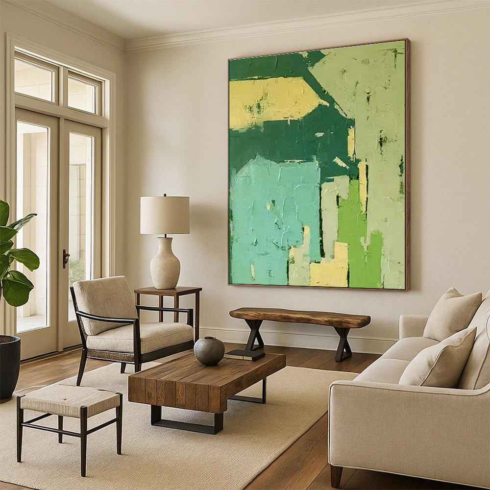 Handmade Art Green, Teal, and Beige Geometric Abstract Art PT799