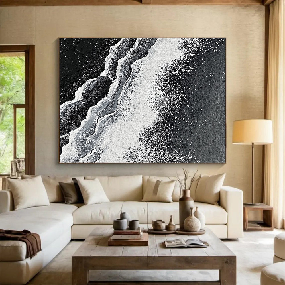 Wall Decor Abstract Paintings Large, Black White Abstract Textured Wave Art PT176