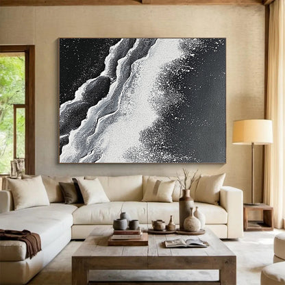 Wall Decor Abstract Paintings Large, Black White Abstract Textured Wave Art PT176