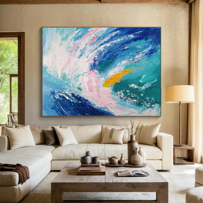 Paintings For House Blue, Pink, White & Yellow Abstract Coastal Painting With Fish HPS289