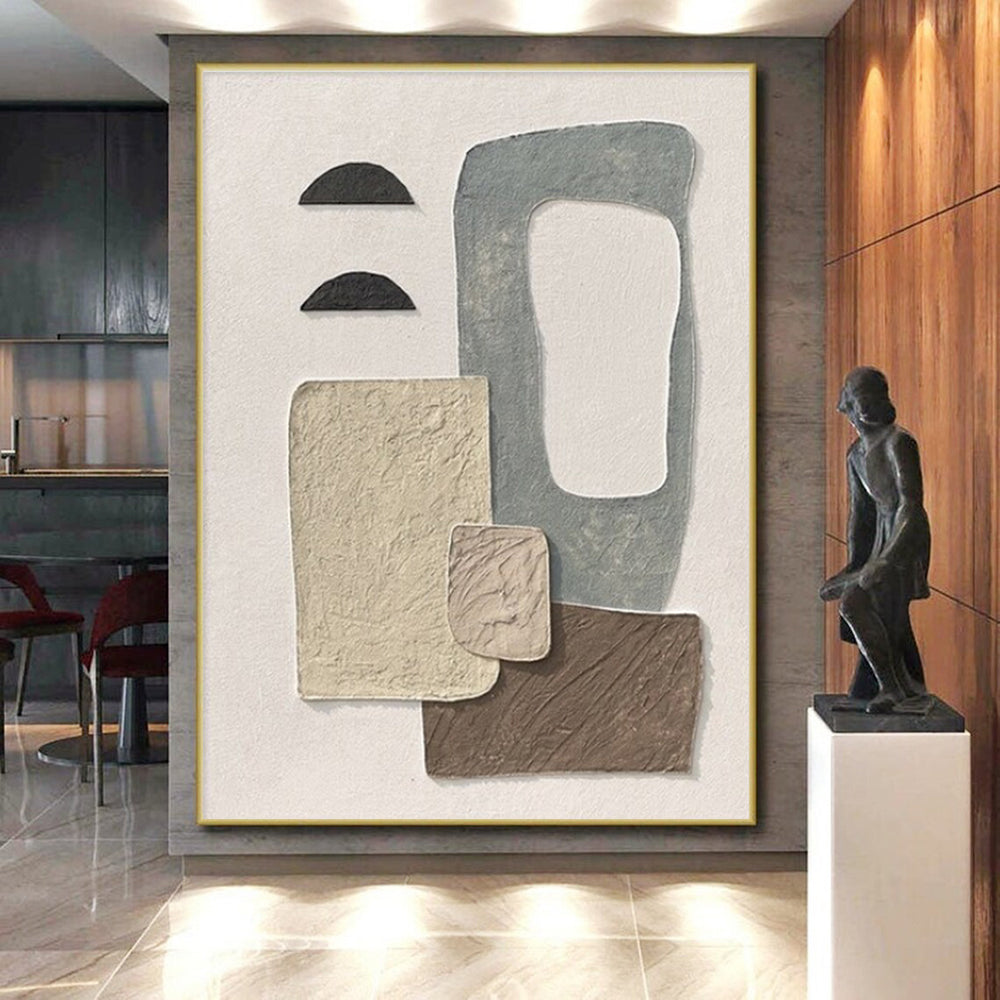 Handmade Art Beige, Gray, Brown and Black Textured Abstract Collage, Large Contemporary Wall Art PT556