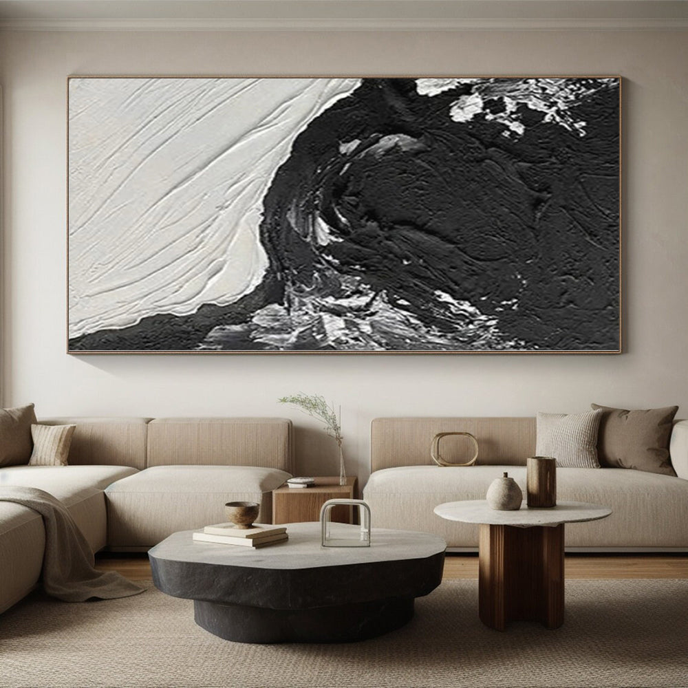 Oversized Abstract Wall Art in Black and White with Textured Brushstrokes PT019