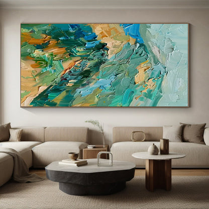 Handmade Art Teal, Green, and Beige Textured Landscape Abstract Art PT790