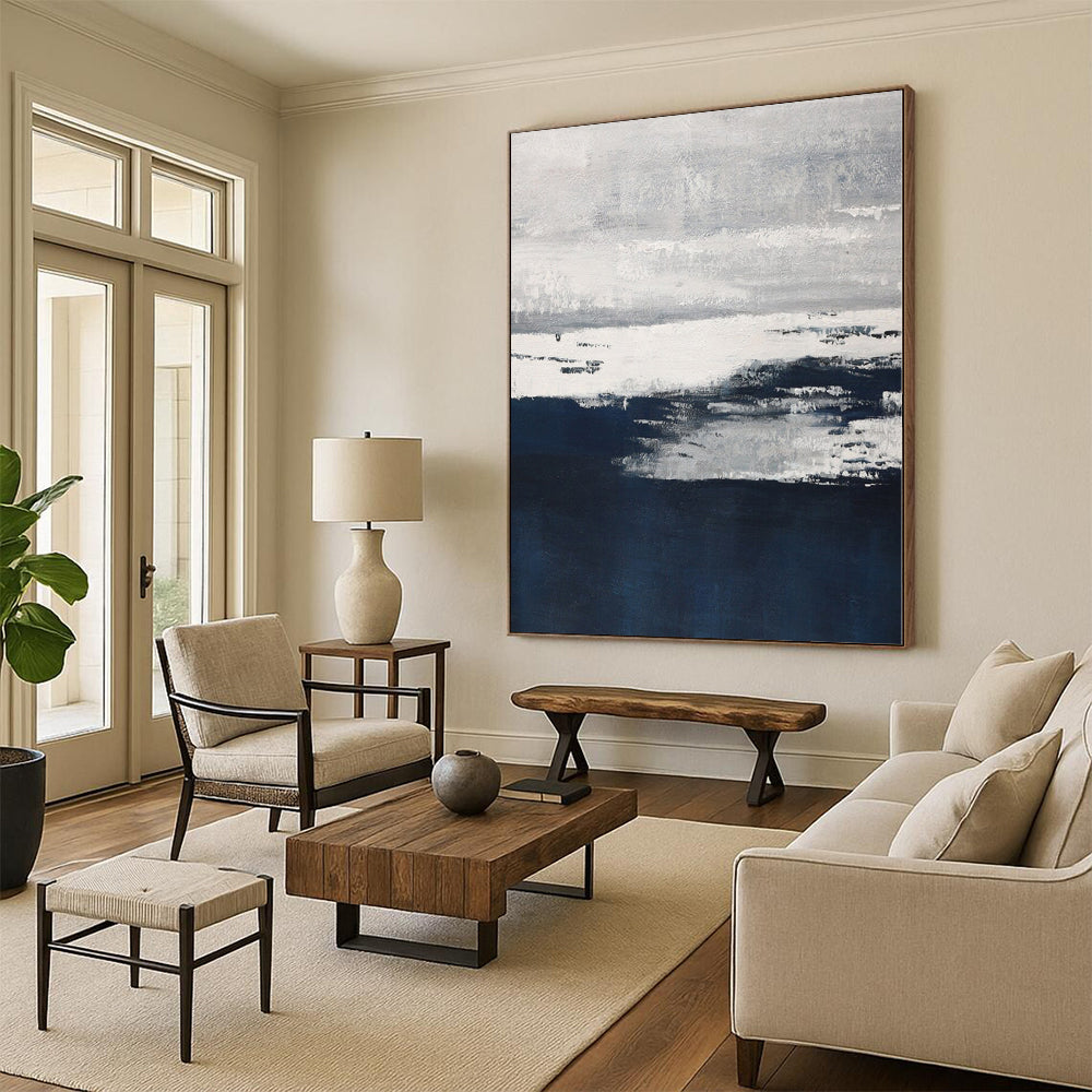 Hand Painting Gray & Blue Textured Seascape Abstract Painting On Canvas PT092