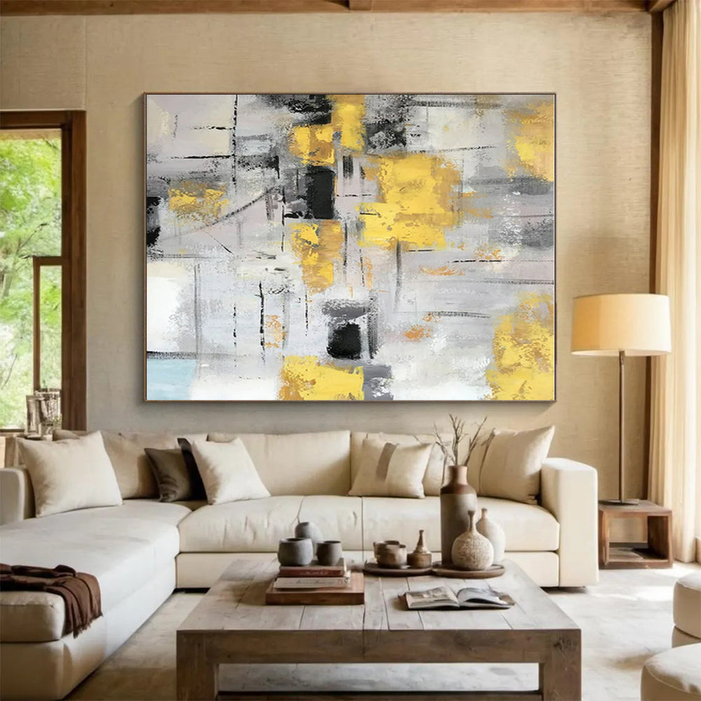 Large Size Yellow, Gray, and Black Textured Abstract Art PT749