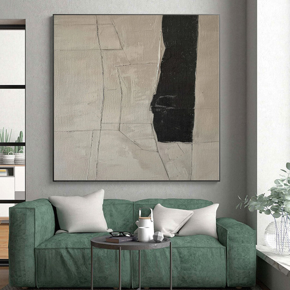 48x60 Black & Beige Geometric Abstract Painting On Canvas PT027