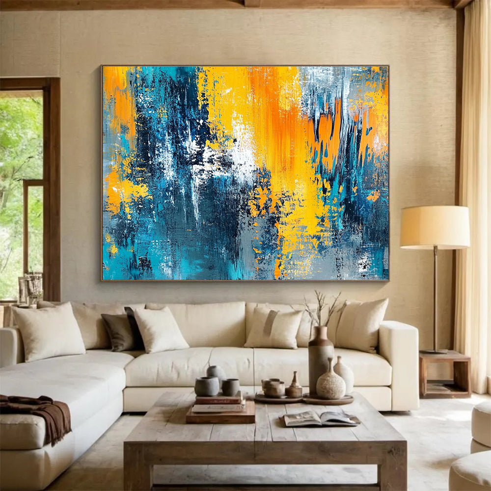 Hand-Painted Teal, Yellow, Orange & Gray Dynamic Abstract Painting HPS267