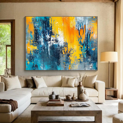 Hand-Painted Teal, Yellow, Orange & Gray Dynamic Abstract Painting HPS267