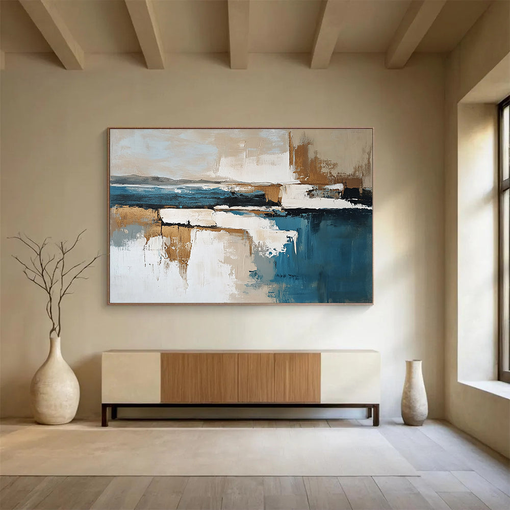 Cool Abstract Paintings Blue, Beige, and White Abstract Coastal Reflection HPS308
