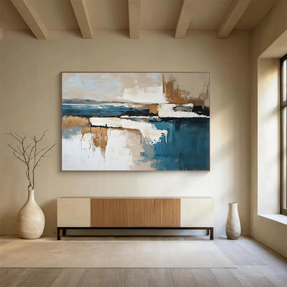 Cool Abstract Paintings Blue, Beige, and White Abstract Coastal Reflection HPS308