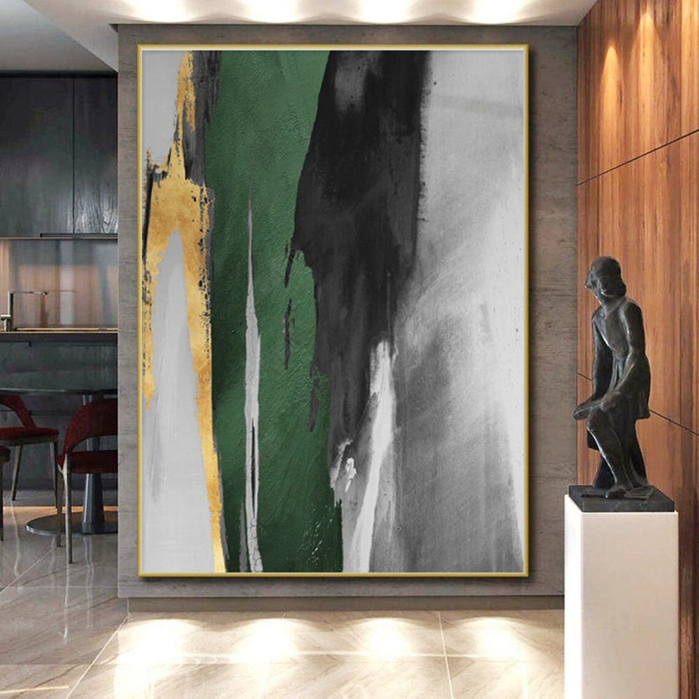 Hand-Painted Green, Black, Gold and Gray Abstract Dynamic Piece, Modern Art Acrylic PT536