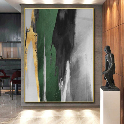 Hand-Painted Green, Black, Gold and Gray Abstract Dynamic Piece, Modern Art Acrylic PT536