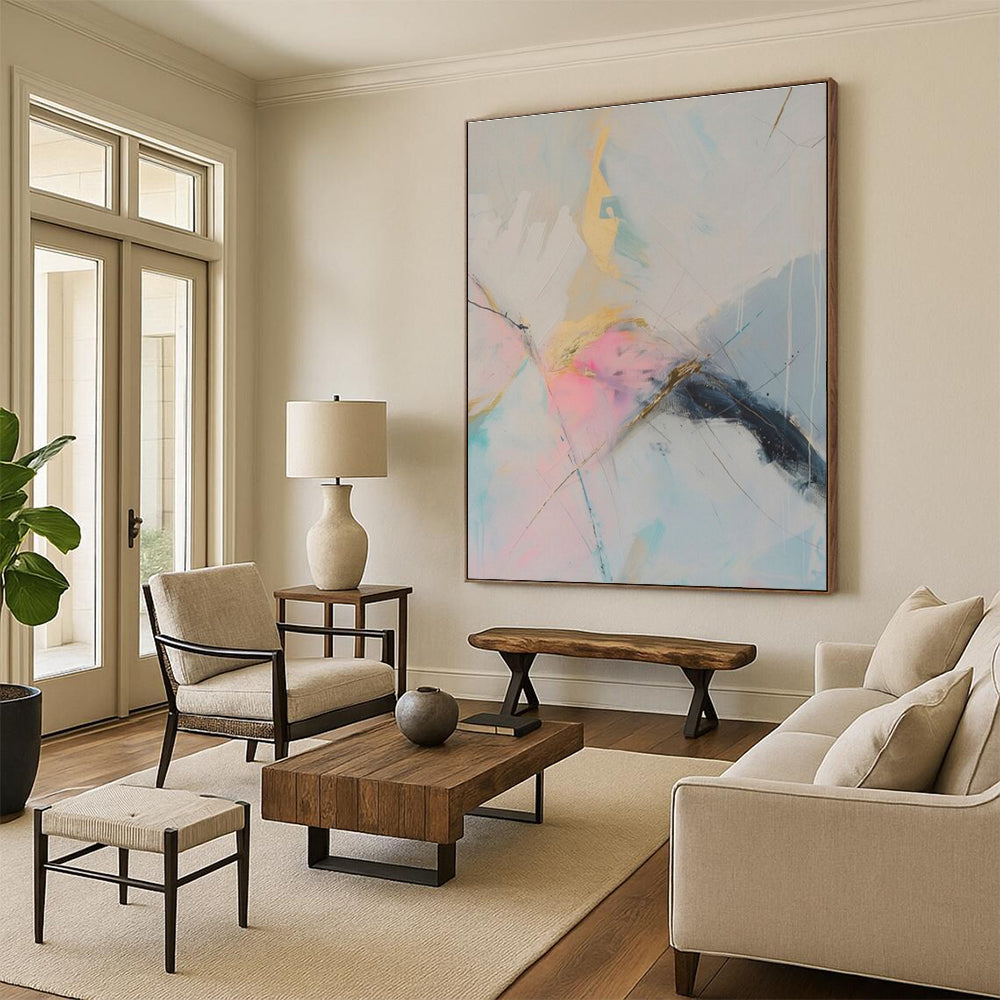 Unique Abstract Art Pink, Blue, and Gold Textured Abstract Art PT716