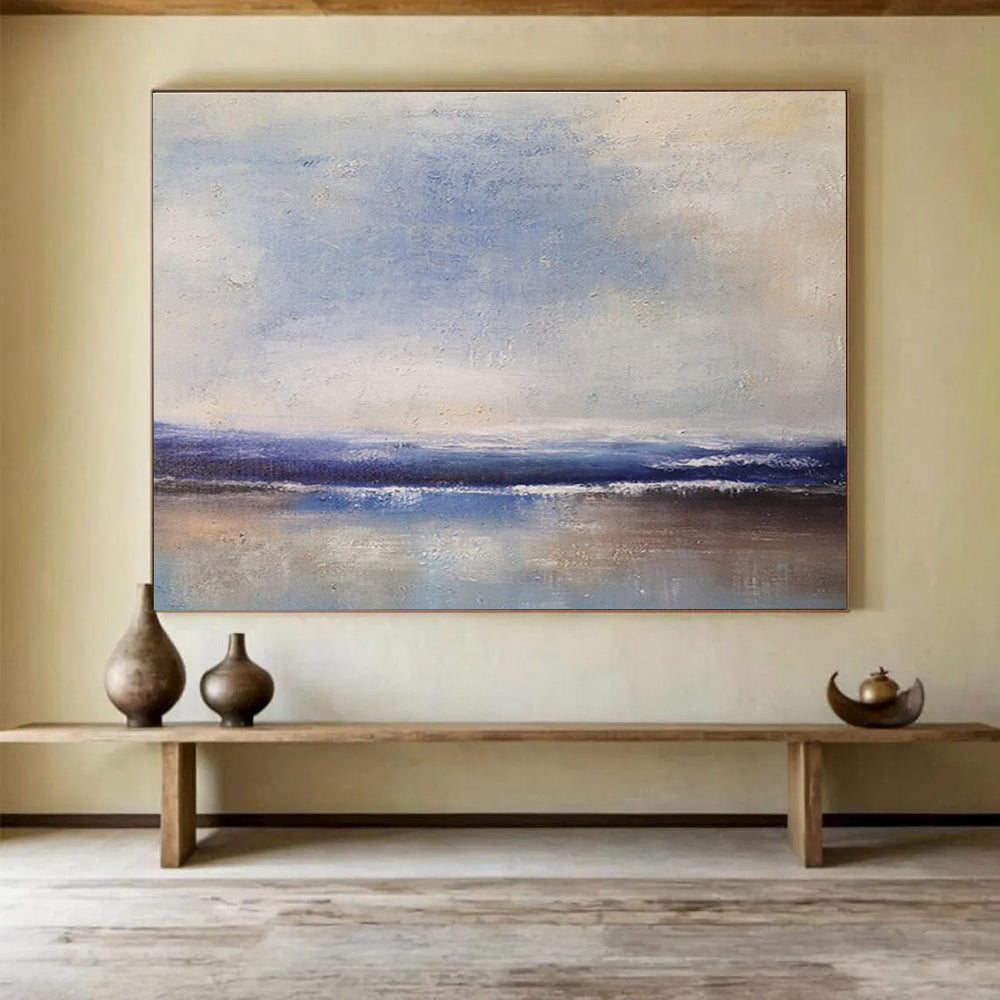 Hand-Painted Blue & Beige Abstract Coastal Scene Art HPS191