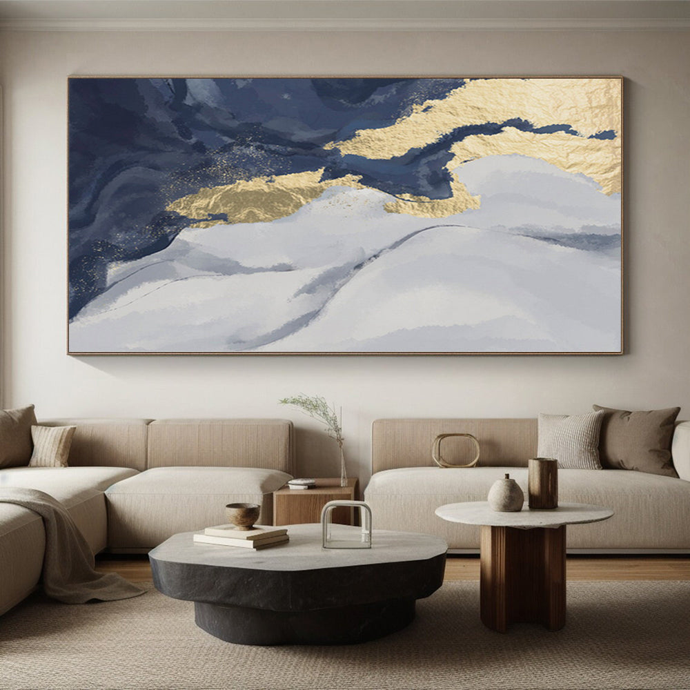 Handmade Art Blue, Gray & Gold Textured Abstract Painting On Canvas PT084