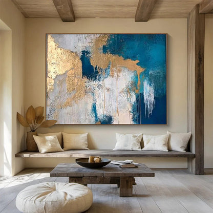 Hand Painted Art Teal, Gold & White Textured Abstract Acrylic Painting HPS238