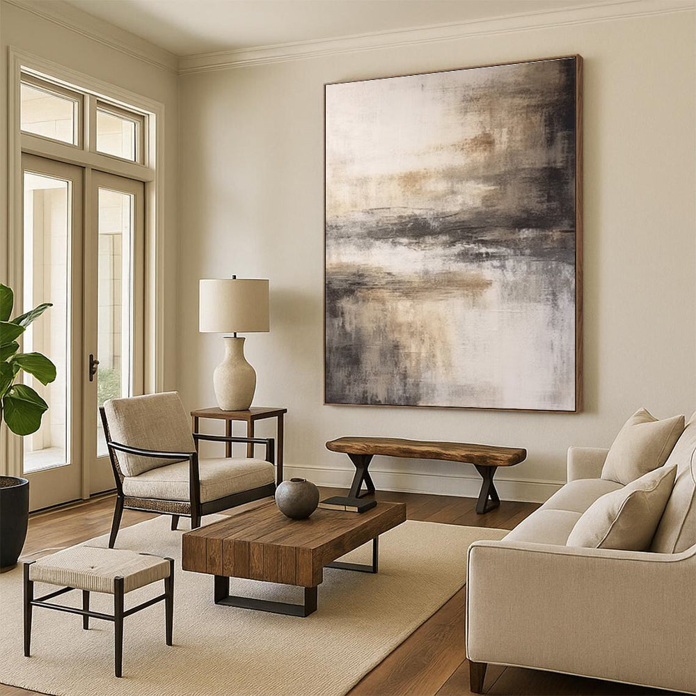 Minimalist Canvas Art in Beige, Grey, and Brown Abstract Misty Landscape Painting PT264